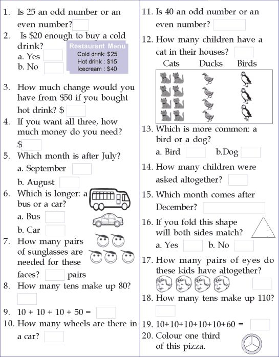 mental math for class 1 worksheet